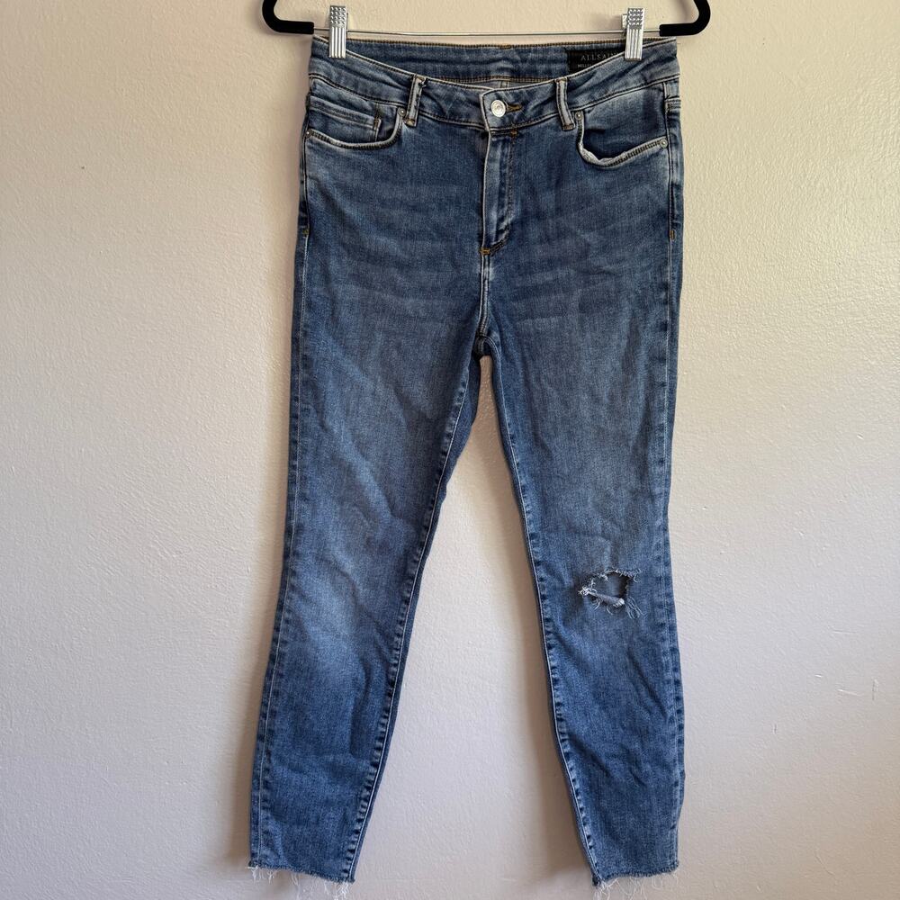 ALLSAINTS Women's Miller Mid Rise Med Wash Destroyed Denim Skinny Jeans Size 28
